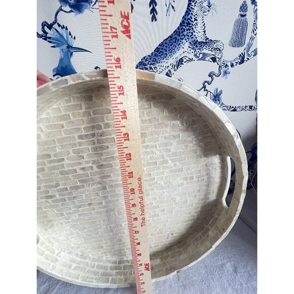 Round Mother Of Pearl Tray White Capiz Shell 16" D Ivory White Elegant Beautiful - Picture 5 of 11